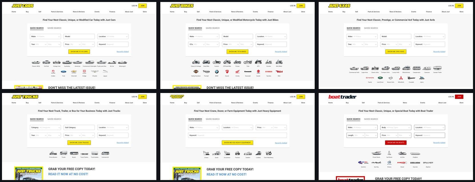 Just Auto marketplace network — screenshots of all six marketplaces